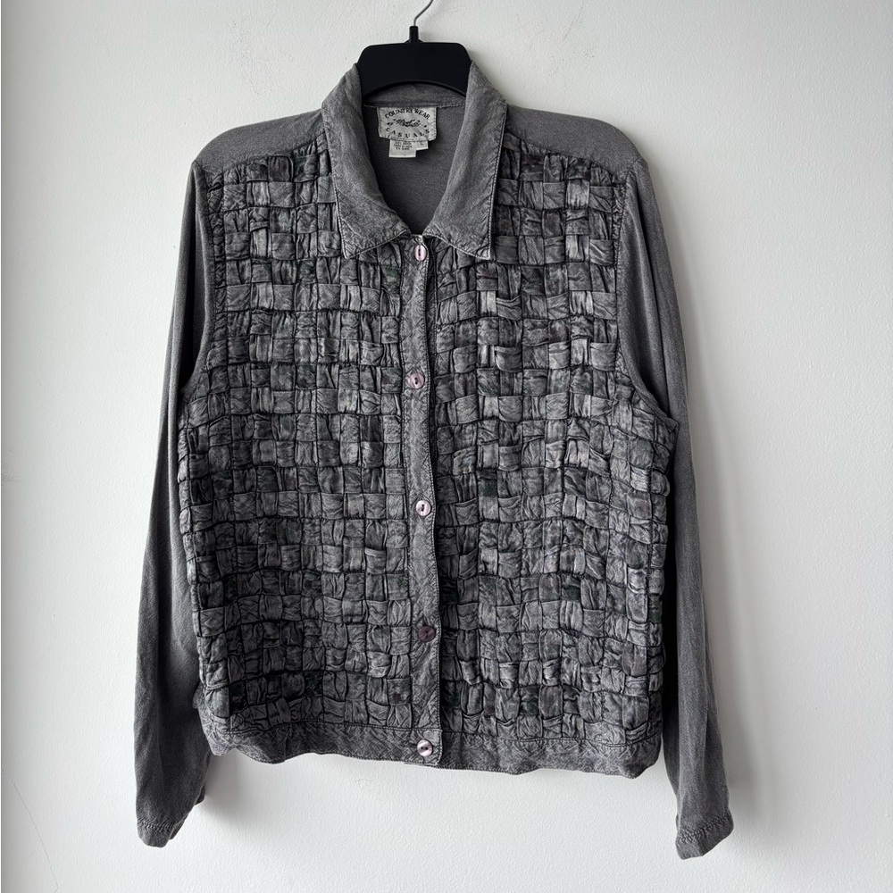 VTG Countrywear Button Up Top Gray Woven Weave Long Sleeve Women L Designer Art